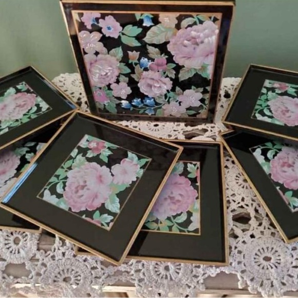 Set of 6 Otagiri Japan Tavistock Floral Garden black lacquer/lacquerware coaster - Picture 2 of 7